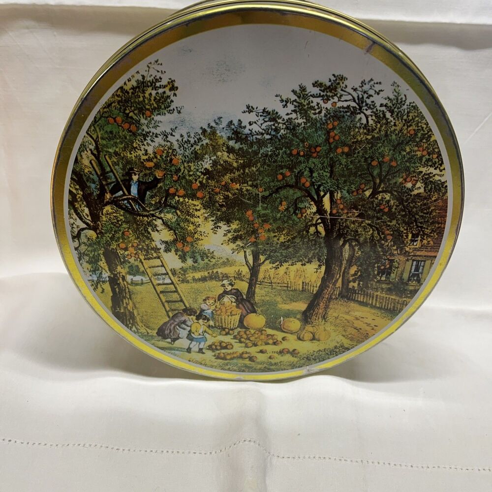 Currier & Ives Metal Tin Can Country Orchard Scene Storage Container Vintage